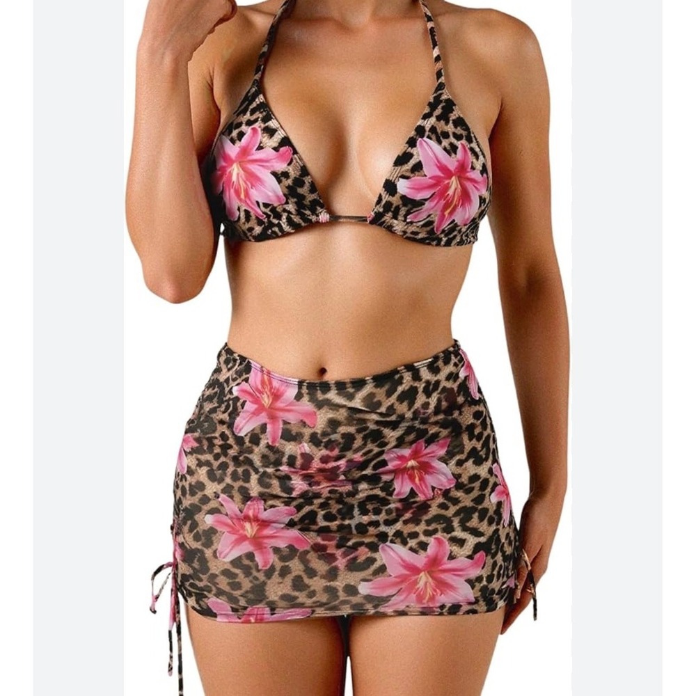 Tropicalcore Leopard Pink Lily Floral Mesh Sheer Ruched Swim Cover Up Small